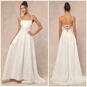 Lulus Small Arabella White Jacquard Basque Waist Wedding Dress NWT Classic Bride